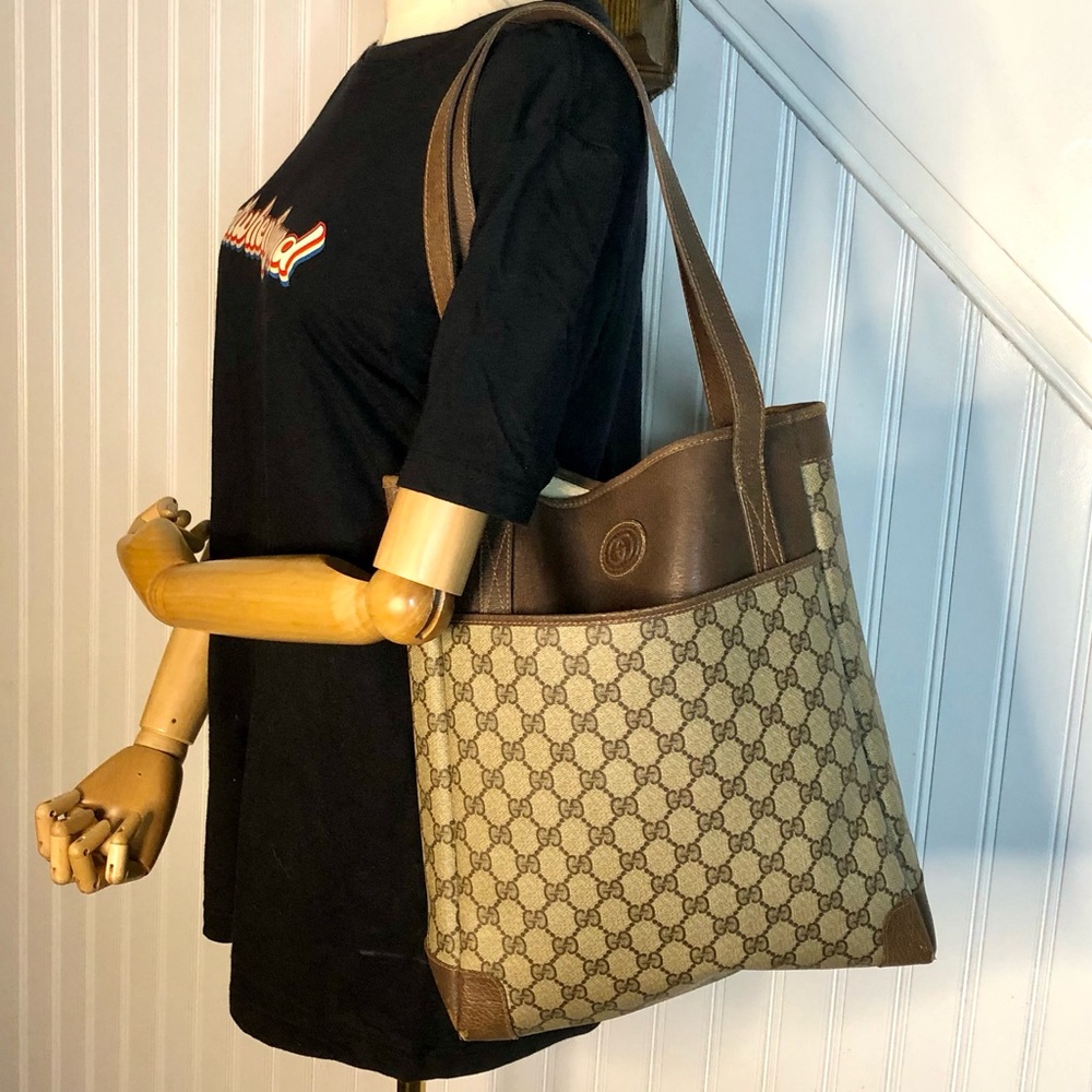 Vintage GUCCI GG Supreme Shoulder Bag Brown Leather Handles & Leather Corners - Picture 3 of 16